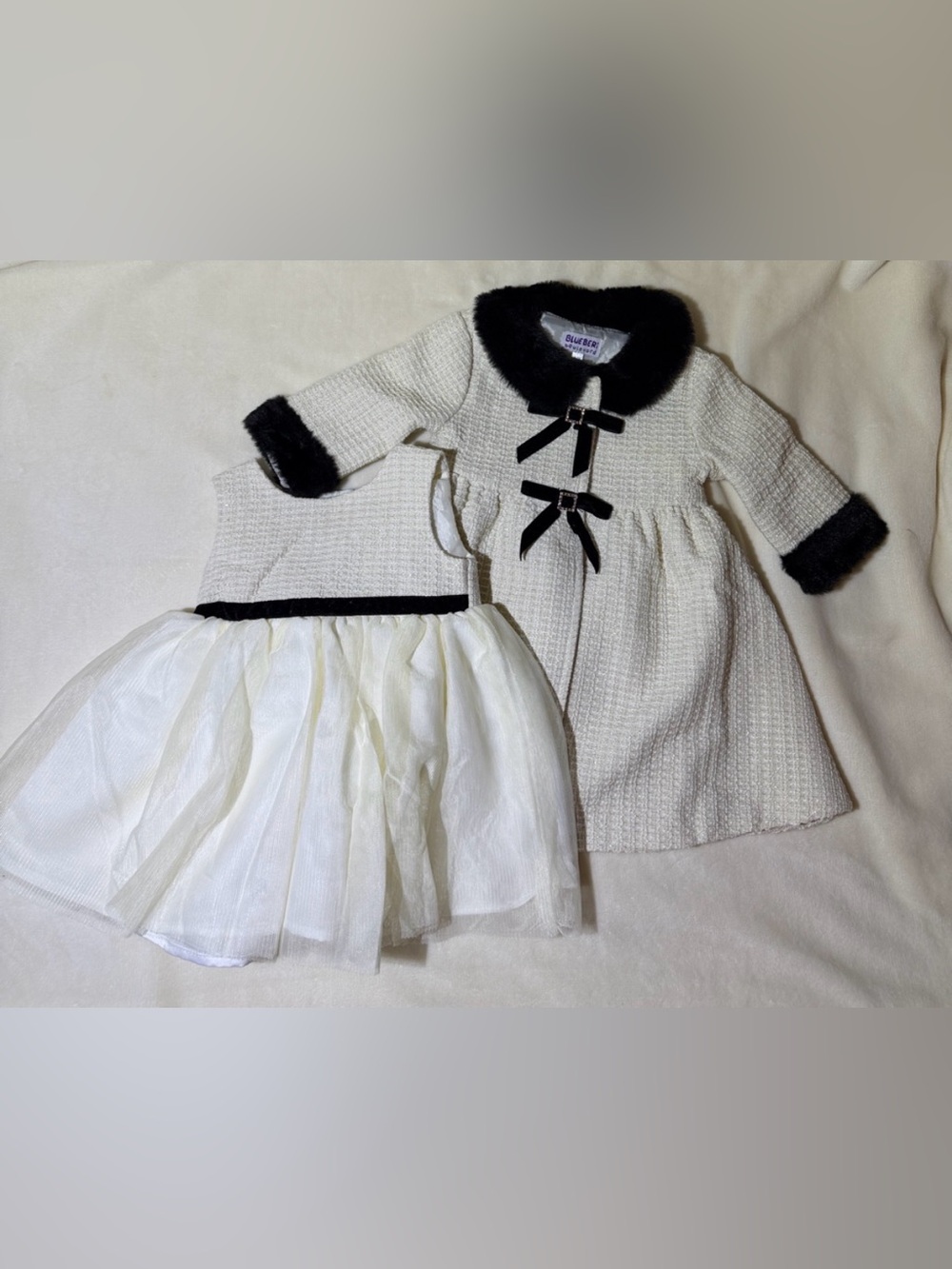Blueberi Boulevard Ivory Dress & Coat Set with Black Trim